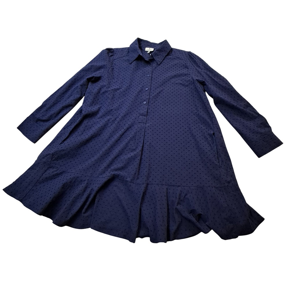 Tuckernuck Callahan Mini Shirt Dress Womens XXL Navy Blue Swiss Dot Long Sleeve